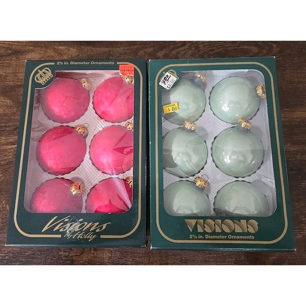 Vintage Pink And Aqua GreenGlass Ornaments Visions By Holly 2 Boxes 12 Ornaments